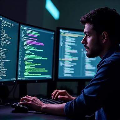 A developer writing code on a multi-monitor setup.