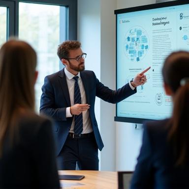 Professionals in a meeting discussing a whiteboard diagram.